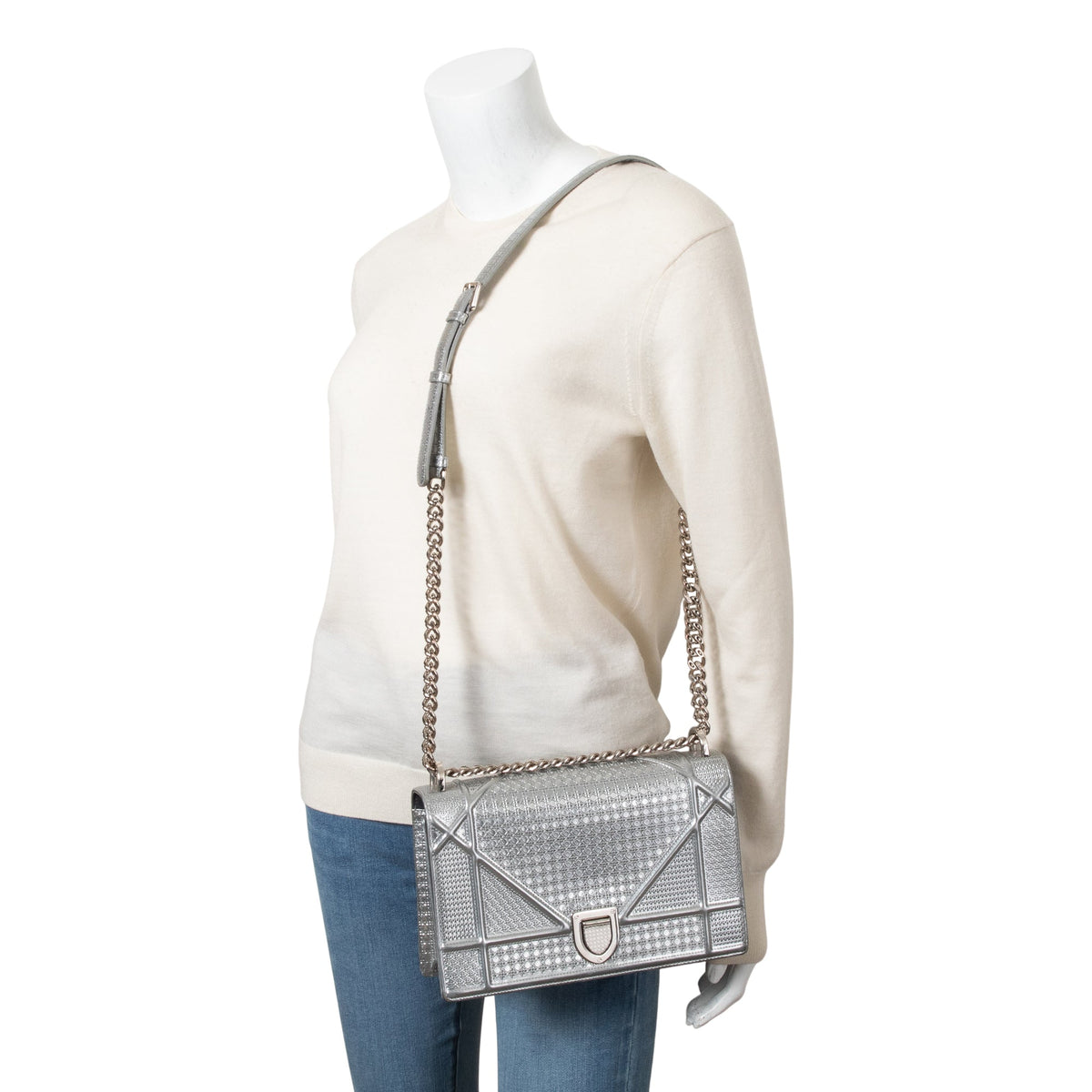 Christian Dior Large Silver Metallic Microcannage Diorama Shoulder Bag Rovelle Bags