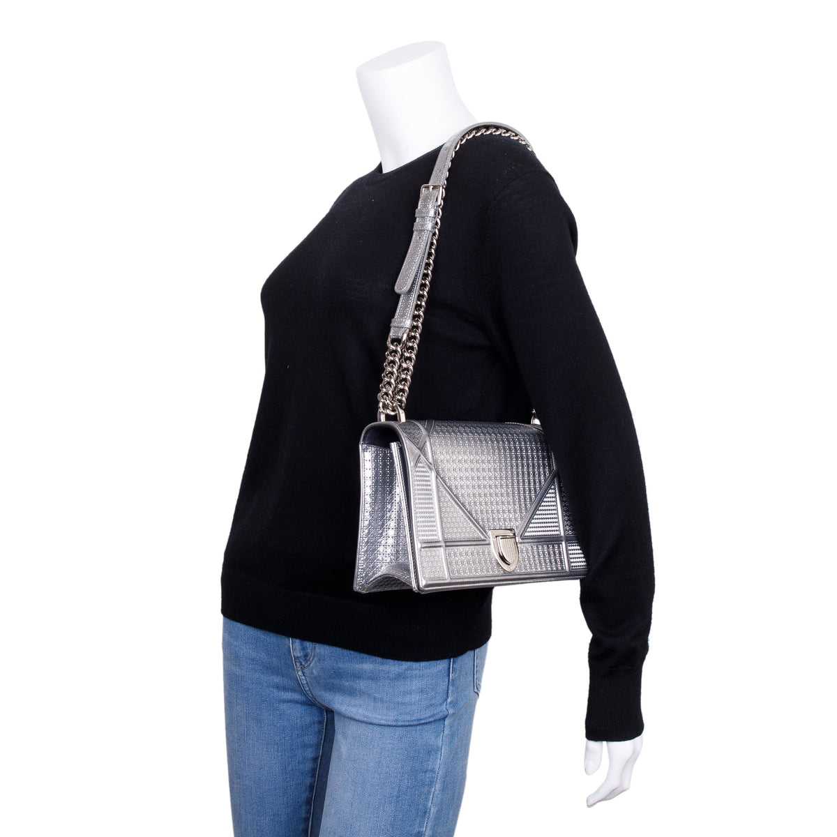 Christian Dior Large Silver Metallic Microcannage Diorama Shoulder Bag Rovelle Bags