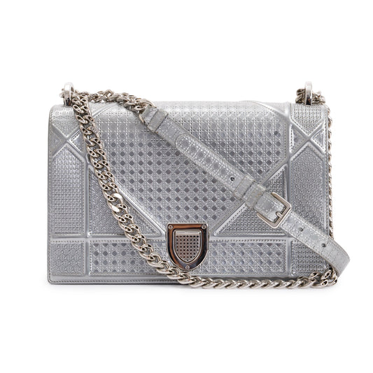 Christian Dior Large Silver Metallic Microcannage Diorama Shoulder Bag Rovelle Bags