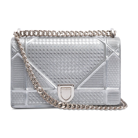 Christian Dior Large Silver Metallic Microcannage Diorama Shoulder Bag Rovelle Bags