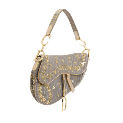 Christian Dior Limited Edition Grey Canvas Sequin-Embellished Saddle Bag Rovelle Bags