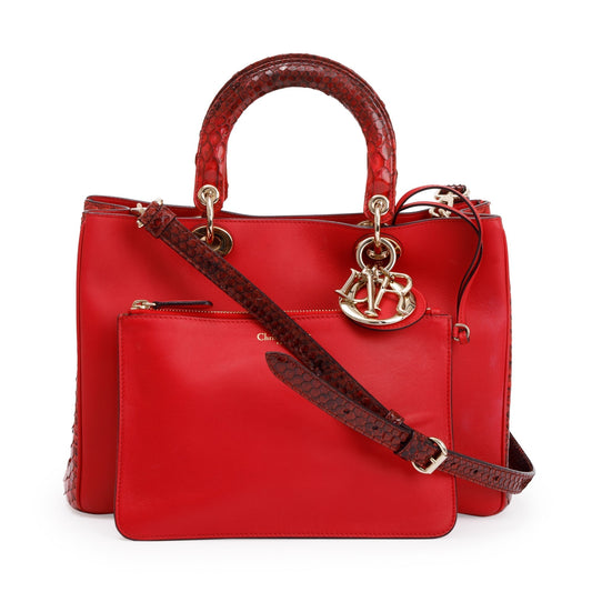 Christian Dior Medium Red Python Trimmed Calfskin Leather Diorissimo Tote Rovelle Bags