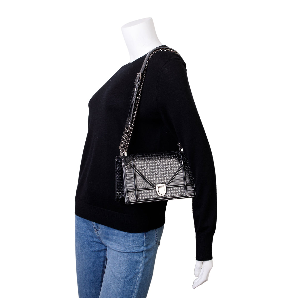 Christian Dior Metallic Grey Micro-Cannage Patent Leather Small Diorama Shoulder Bag Rovelle Bags