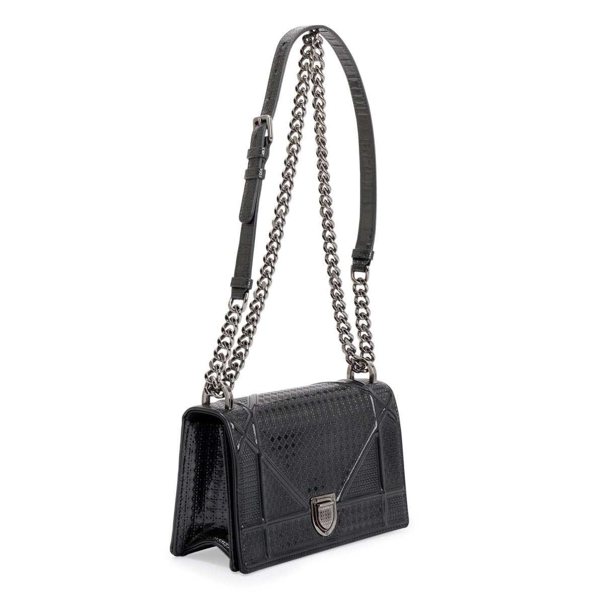 Christian Dior Metallic Grey Micro-Cannage Patent Leather Small Diorama Shoulder Bag Rovelle Bags