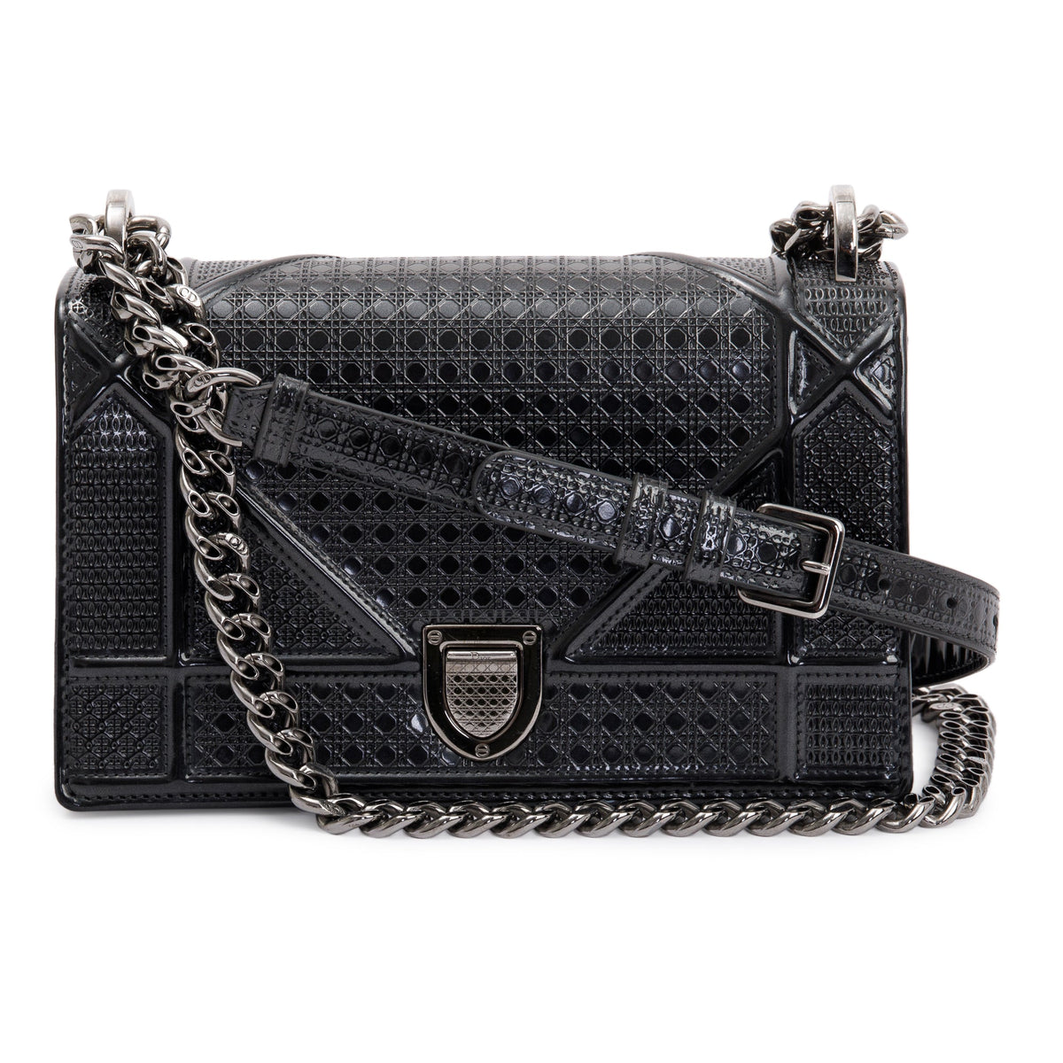 Christian Dior Metallic Grey Micro-Cannage Patent Leather Small Diorama Shoulder Bag Rovelle Bags