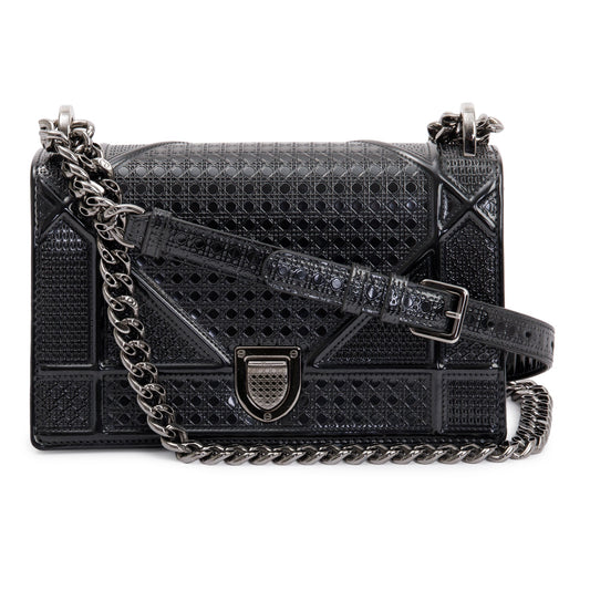 Christian Dior Metallic Grey Micro-Cannage Patent Leather Small Diorama Shoulder Bag Rovelle Bags