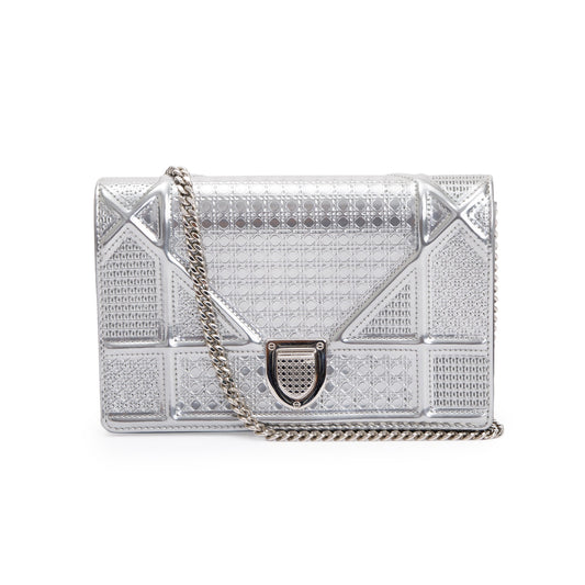 Christian Dior Metallic Silver Cannage Patent Leather Diorama Wallet on Chain Rovelle Bags