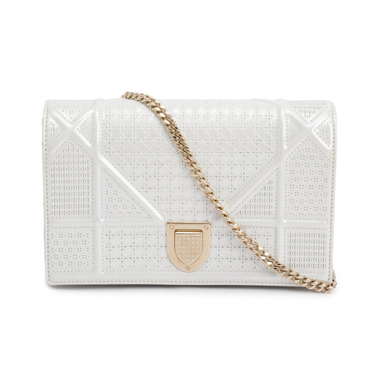 Christian Dior Metallic White Microcannage Patent Leather Diorama Wallet on Chain Rovelle Bags
