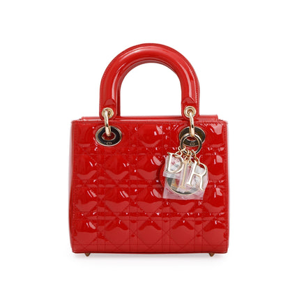 Christian Dior Red Patent Cannage Leather Small Lady Dior Bag Rovelle Bags
