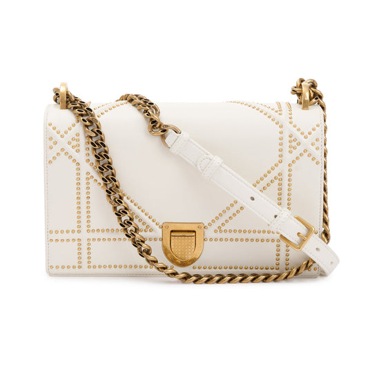 Christian Dior White Calfskin Leather Medium Studded Diorama Flap Bag Rovelle Bags
