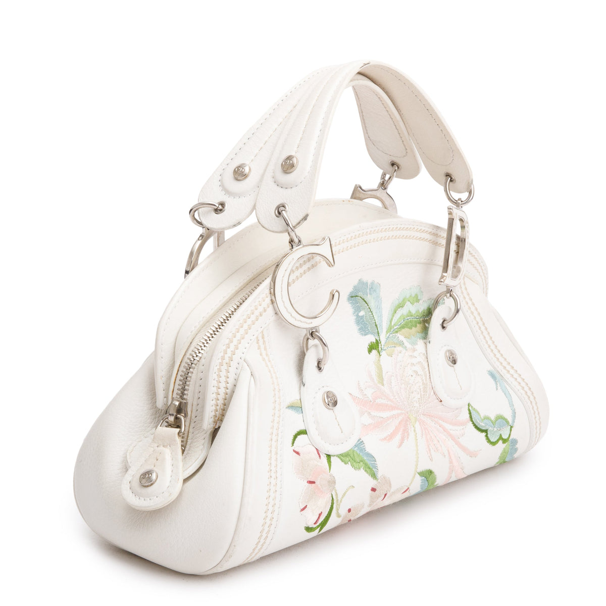 Christian Dior White Embroidered Calfskin Leather Small Detective Bag Rovelle Bags