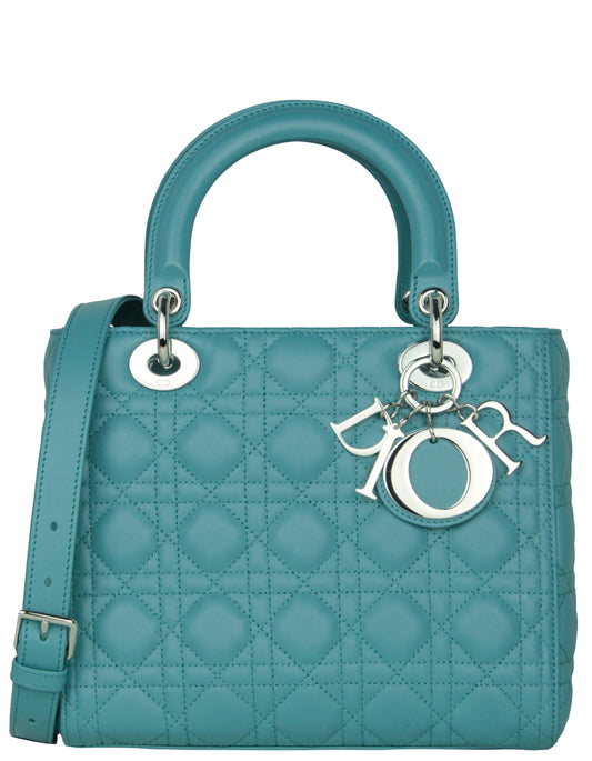 Christian Dior Blue Leather Cannage Quilted Medium Lady Dior Bag Rovelle Bags