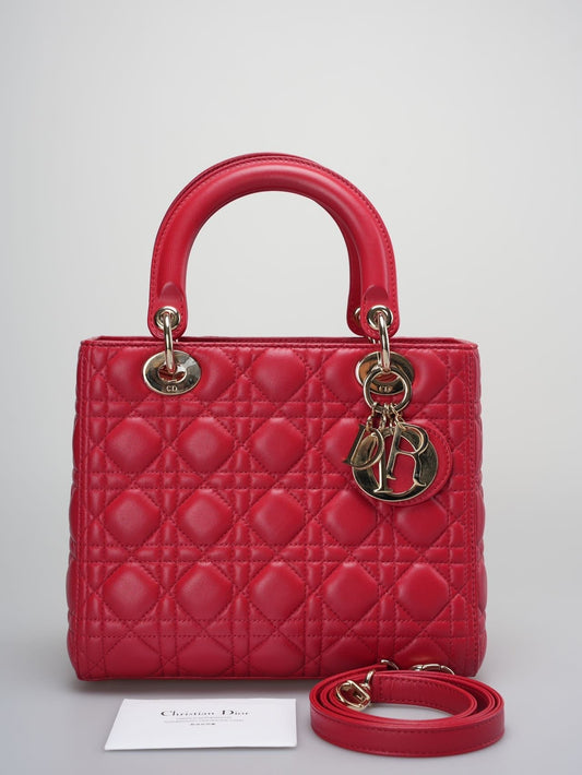 Christian Dior Red Medium Lady Dior Bag In Cannage Lambskin Leather With Gold Hardware Rovelle Bags