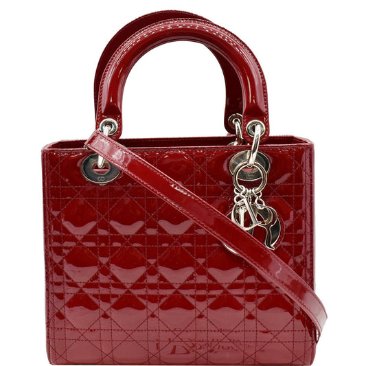 CHRISTIAN DIOR Medium Lady Dior Cannage Patent Leather Shoulder Bag Red Rovelle Bags