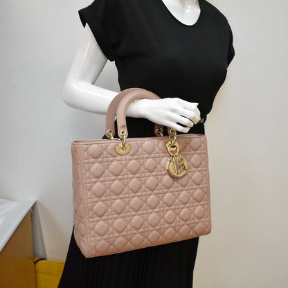 CHRISTIAN DIOR Lady Dior Large Quilted Leather Shoulder Bag Blush Rovelle Bags