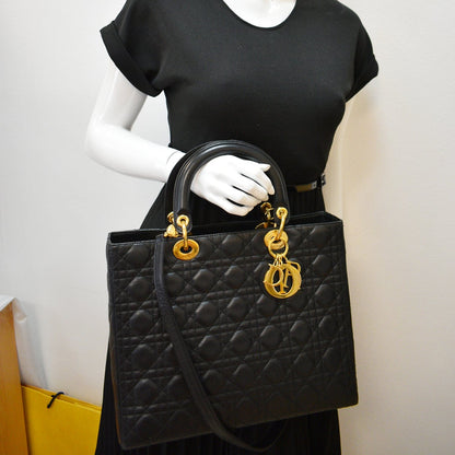 CHRISTIAN DIOR Large Lady Dior Cannage Lambskin Shoulder Bag Black Rovelle Bags