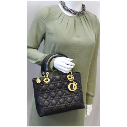CHRISTIAN DIOR Mini Lady Dior Lambskin Cannage Satchel Bag Black Rovelle Bags