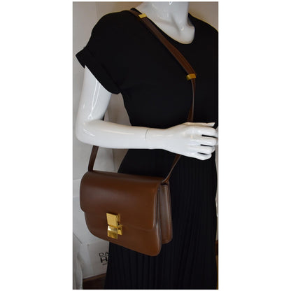 CELINE Medium Classic Box Calfskin Flap Crossbody Bag Brown