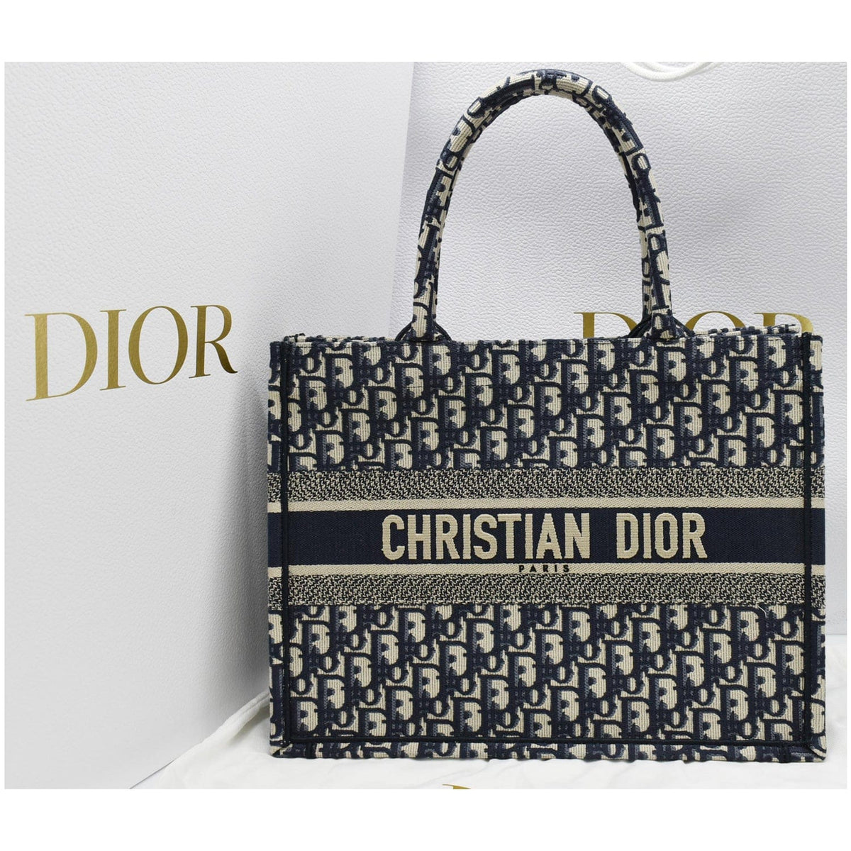 CHRISTIAN DIOR Book Medium Oblique Embroidery Tote Bag Blue Rovelle Bags