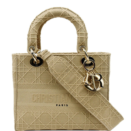CHRISTIAN DIOR Medium Lady D-Lite Embroidered Canvas Shoulder Bag Beige Rovelle Bags