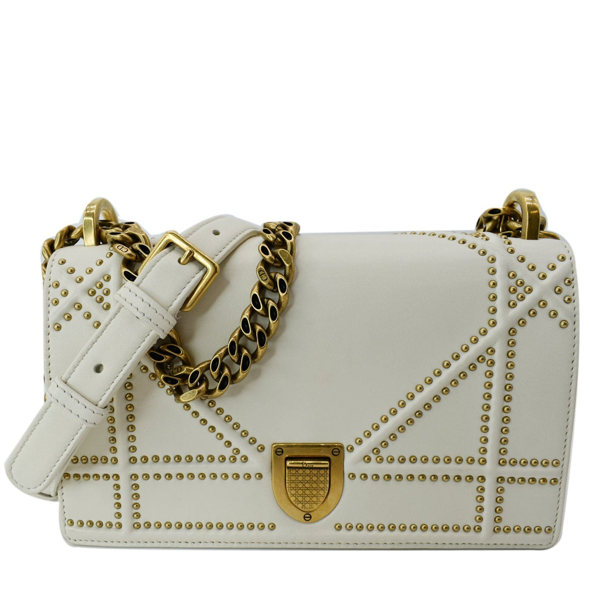 CHRISTIAN DIOR Small Diorama Studded Leather Flap Shoulder Bag White Rovelle Bags