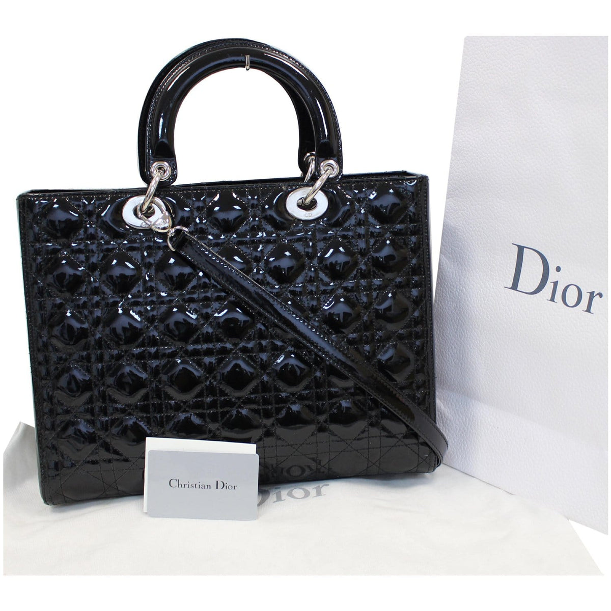 CHRISTIAN DIOR Lady Dior Large Quilted Patent Leather Shoulder Bag Black Rovelle Bags
