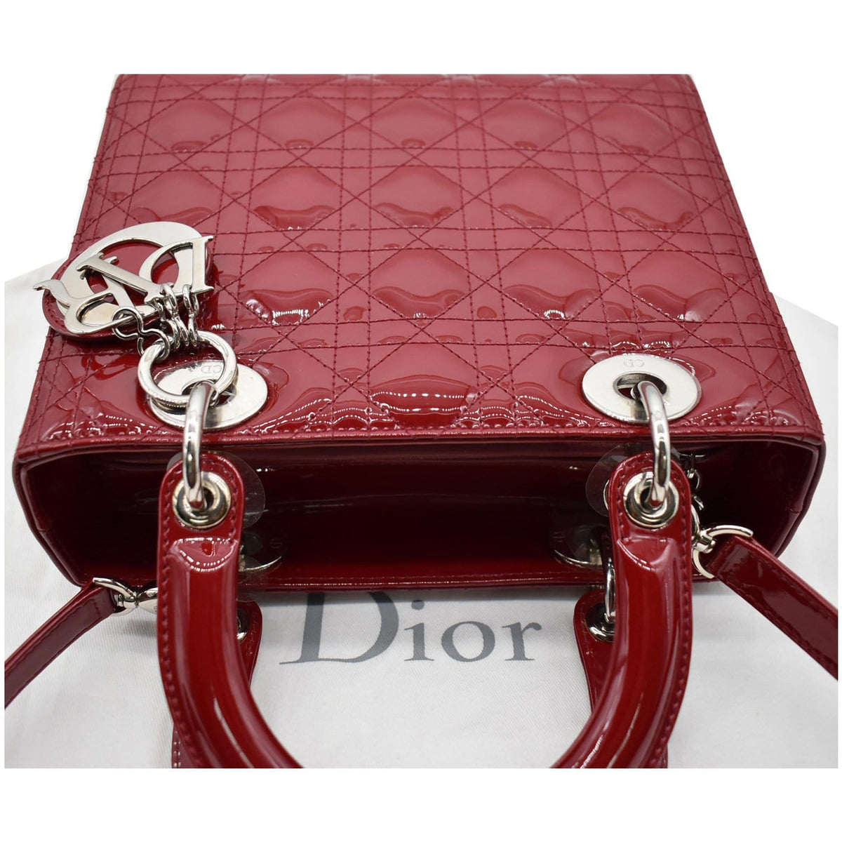 CHRISTIAN DIOR Medium Lady Dior Cannage Patent Leather Shoulder Bag Red Rovelle Bags