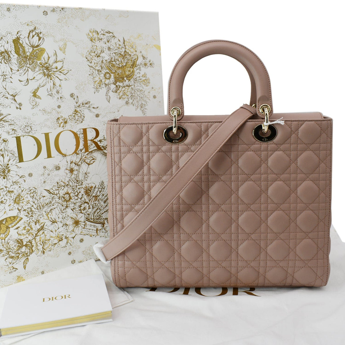 CHRISTIAN DIOR Lady Dior Large Quilted Leather Shoulder Bag Blush Rovelle Bags