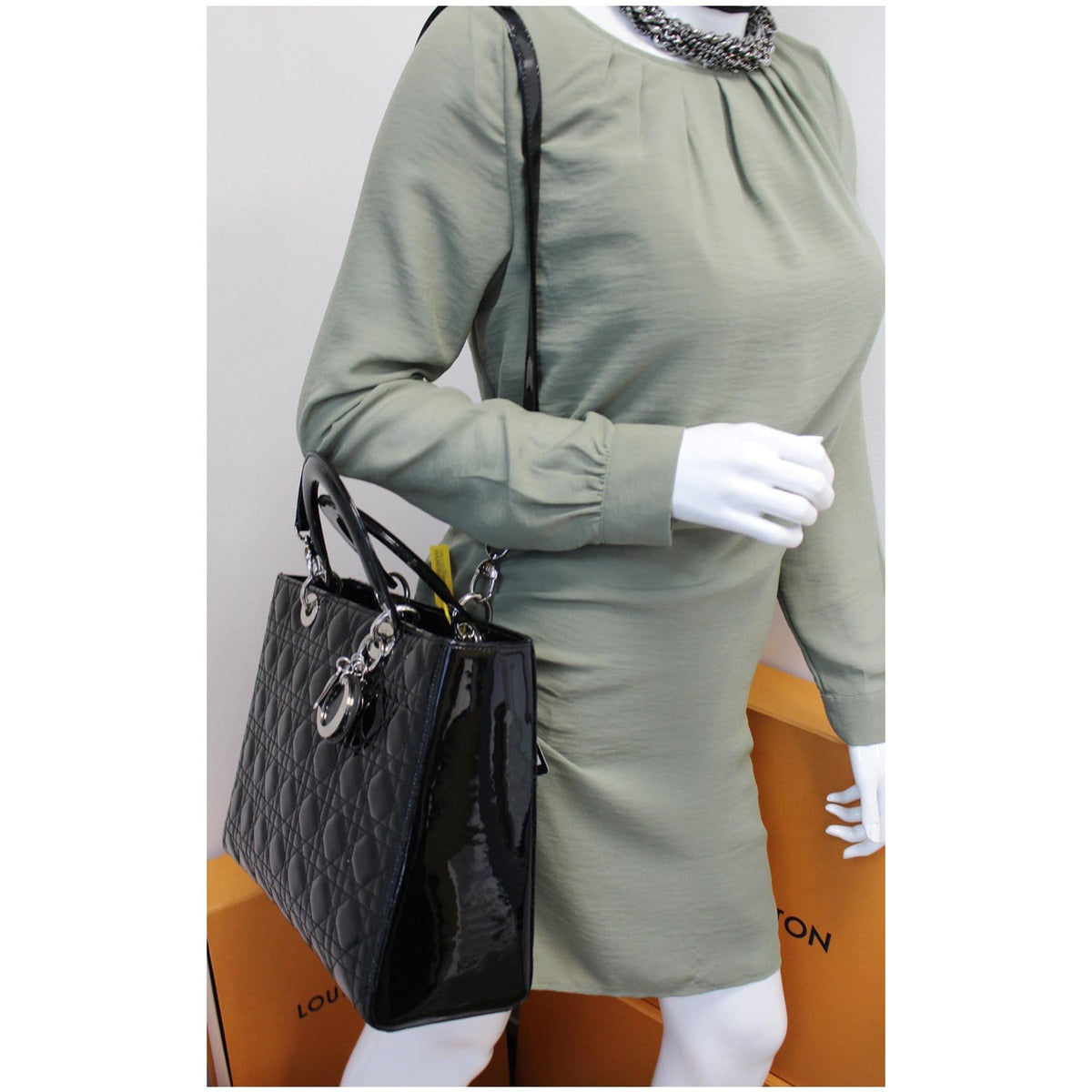CHRISTIAN DIOR Lady Dior Large Quilted Patent Leather Shoulder Bag Black Rovelle Bags