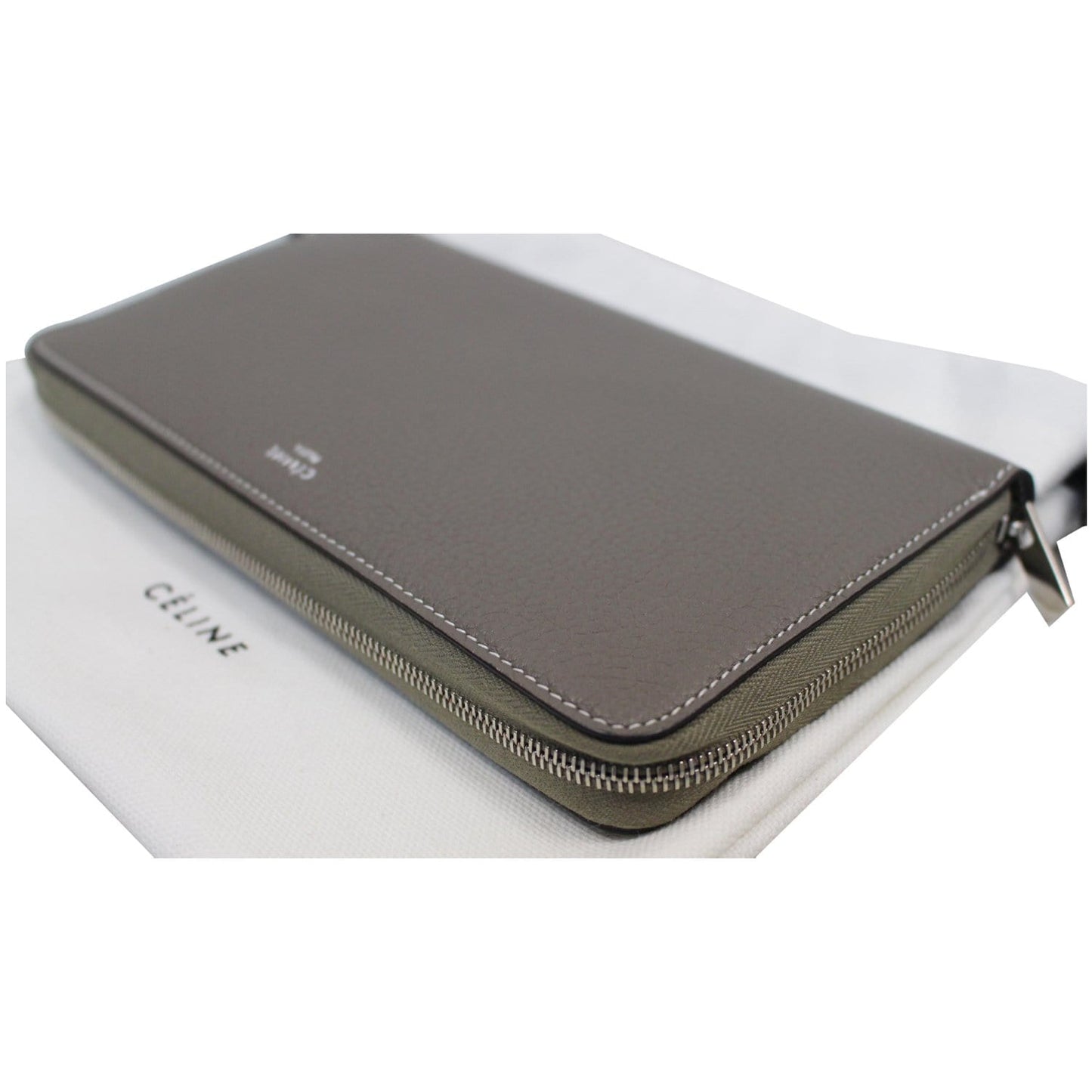 CELINE Large Zip Around Multifunction Drummed Calfskin Wallet Taupe Grey