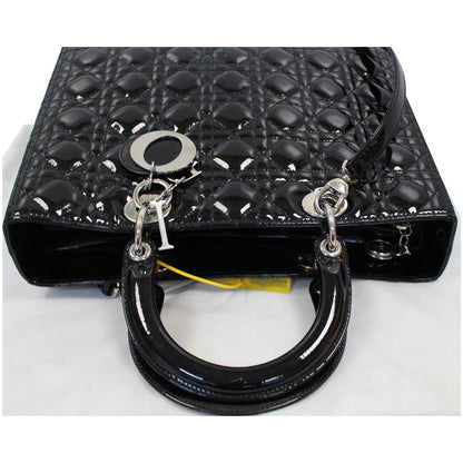 CHRISTIAN DIOR Lady Dior Large Quilted Patent Leather Shoulder Bag Black Rovelle Bags