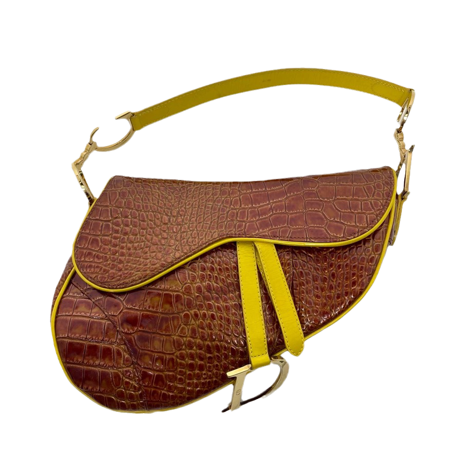 Dior Saddle Brown Medium Crocodile embossed Leather Handbag Rovelle Bags