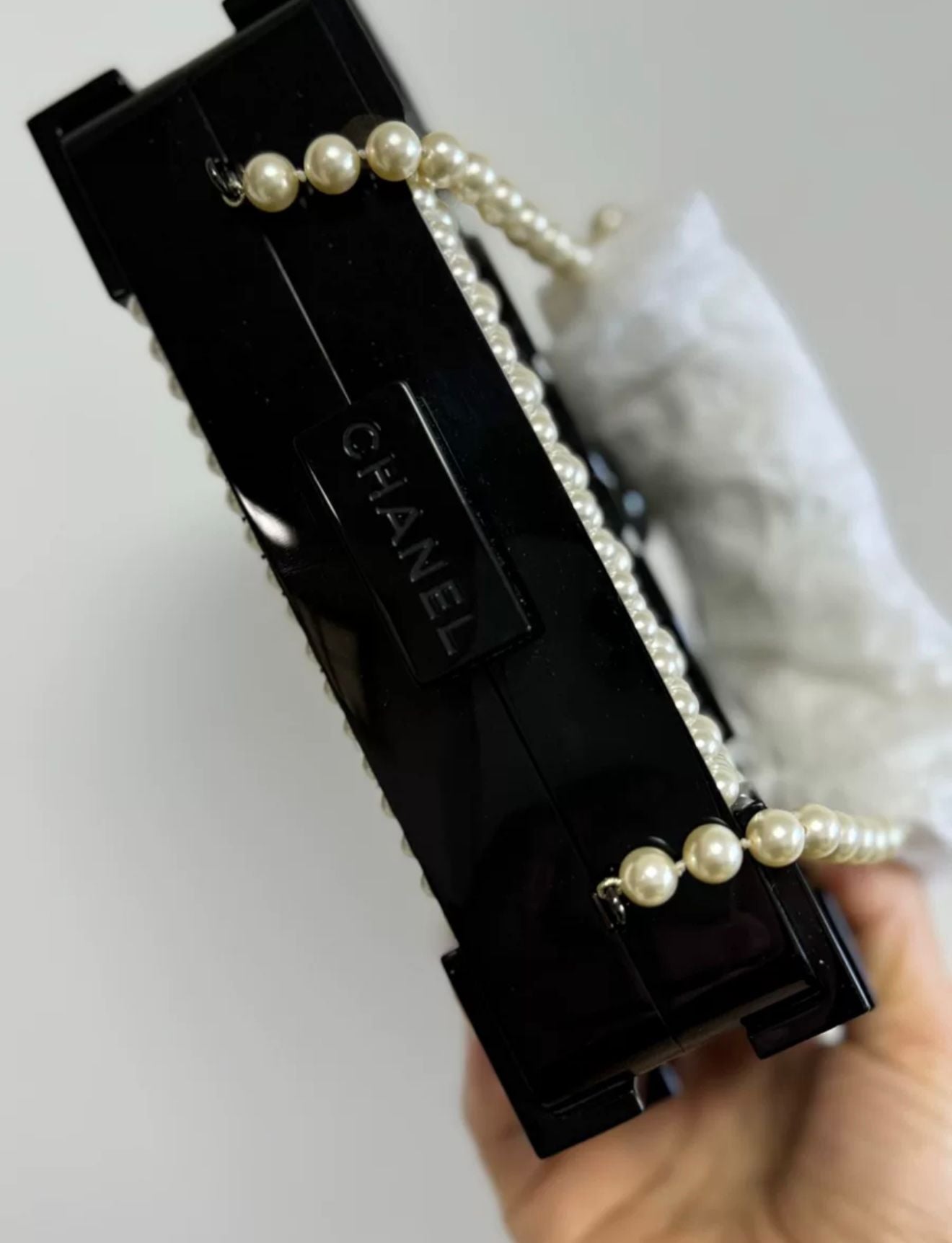 Chanel Runway White Pearl And Black Lego Clutch Rovelle Bags