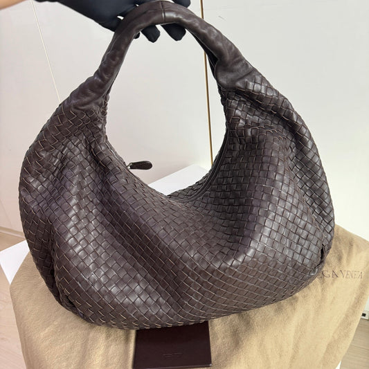 Bottega Veneta Belly Hobo Intrecciato Lambskin Leather Dark Chocolate Brown Large 50cm