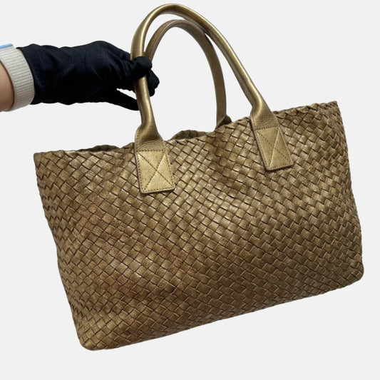 Bottega Veneta Cabat Medium Intreccio Leather Tote Bag Gold