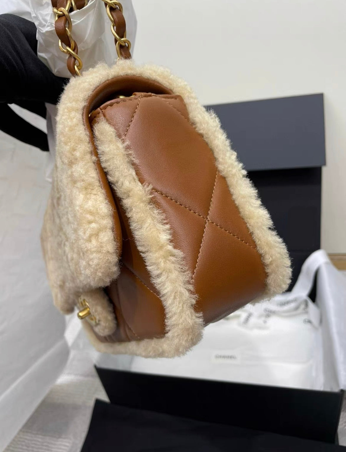 Chanel 24 Flap Bag Shearling Lambskin Gold-Tone Metal Beige Brown Rovelle Bags