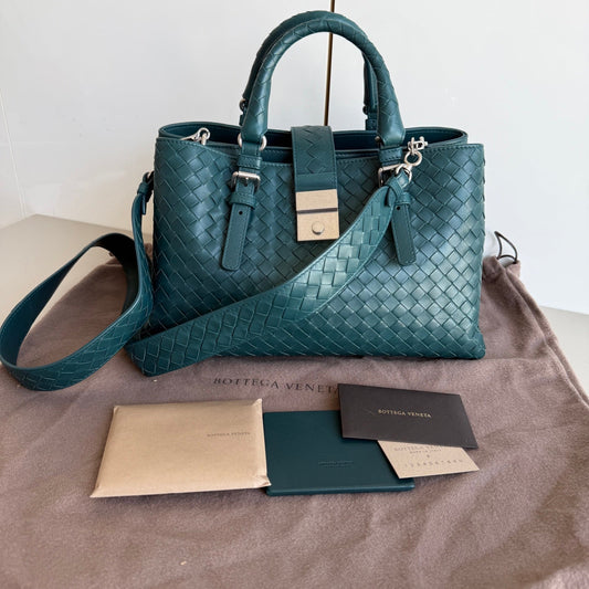Bottega Veneta Roma Intrecciato Nappa Leather Peacock Green With Strap Small 30cm