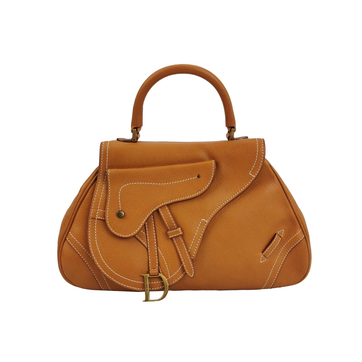 Dior Top Handle Saddle Bag Cognac Tan Brown Calfskin Leather Rovelle Bags