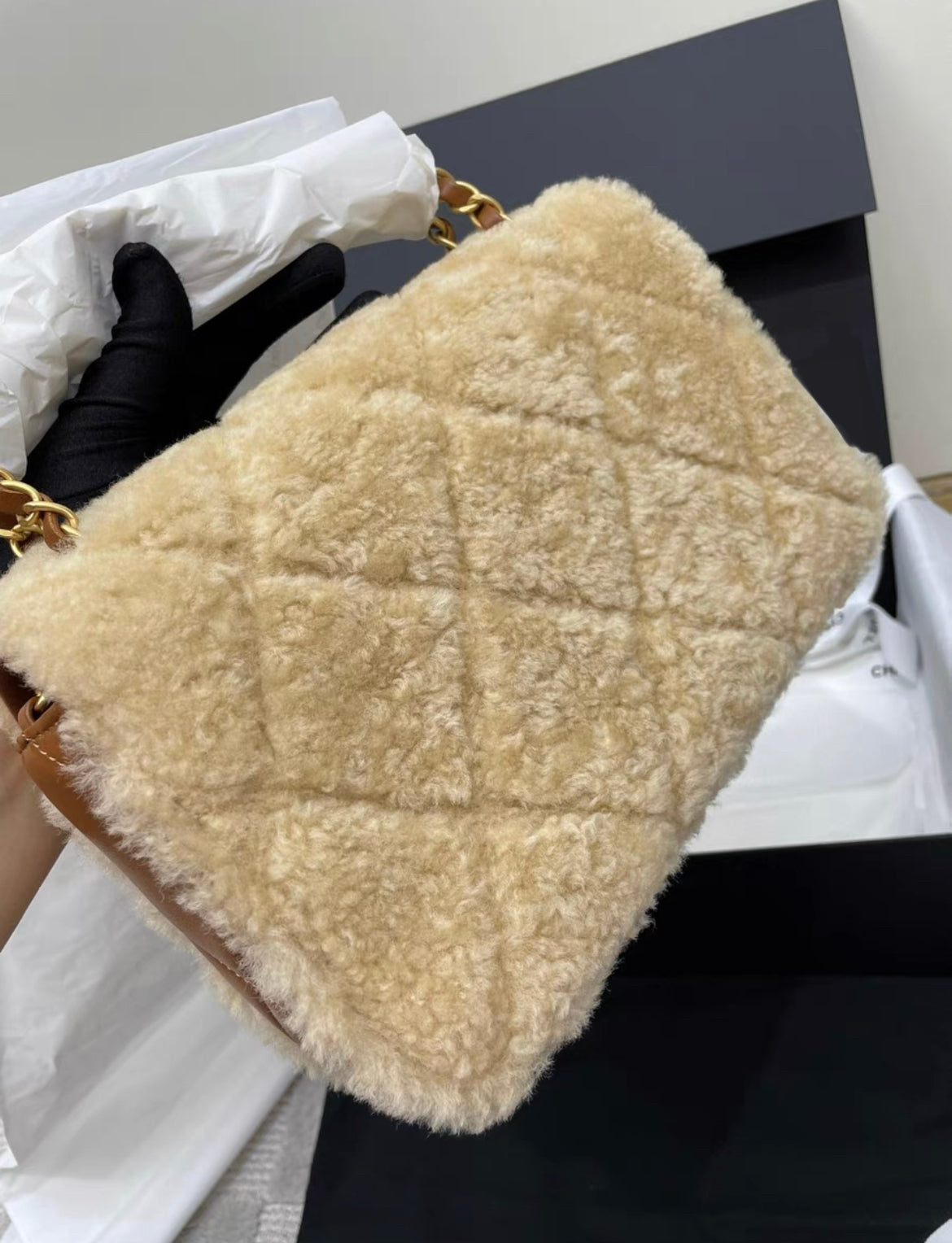 Chanel 24 Flap Bag Shearling Lambskin Gold-Tone Metal Beige Brown Rovelle Bags