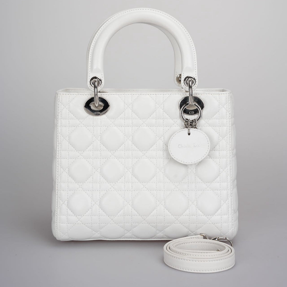 Christian Dior White Medium Lady Dior Bag In Cannage Lambskin Leather With Silver Hardware Rovelle Bags
