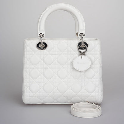Christian Dior White Medium Lady Dior Bag In Cannage Lambskin Leather With Silver Hardware Rovelle Bags
