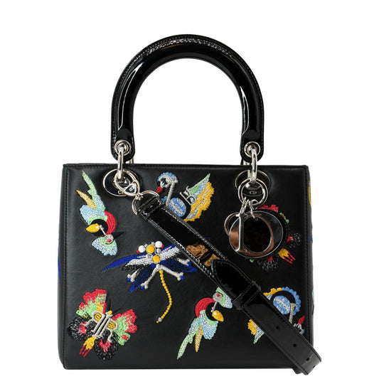 CHRISTIAN DIOR Lady Dior Embroidered Calfskin Shoulder Bag Black Rovelle Bags