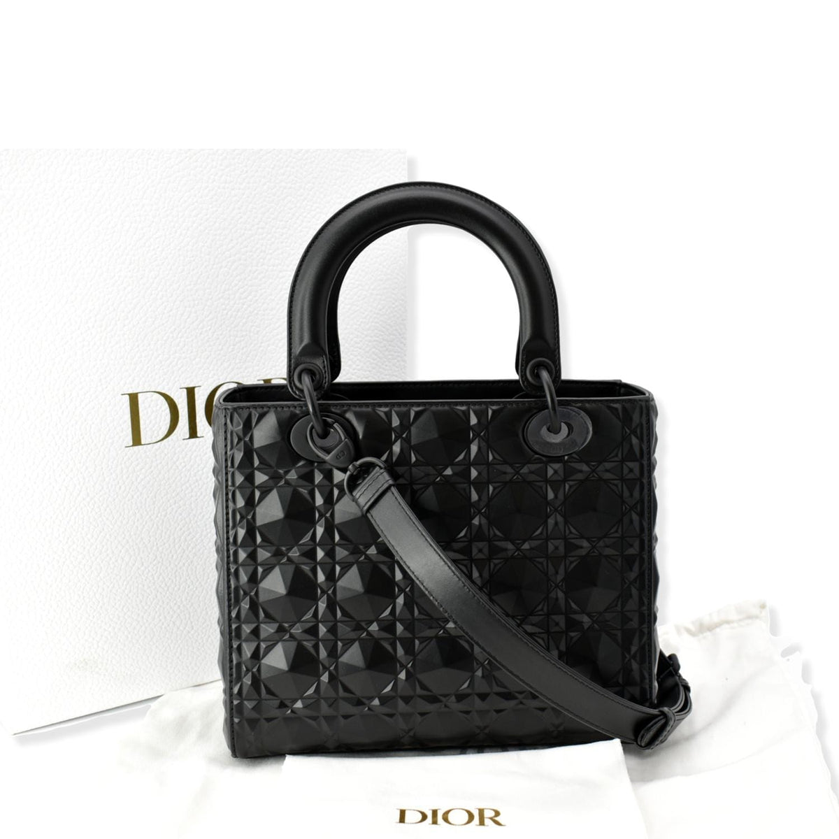 CHRISTIAN DIOR Medium Black Lady Dior Cannage Calfskin Shoulder Bag Black Rovelle Bags