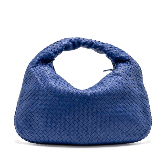Bottega Veneta Intercciato Hobo Purse Lambskin Dark Blue