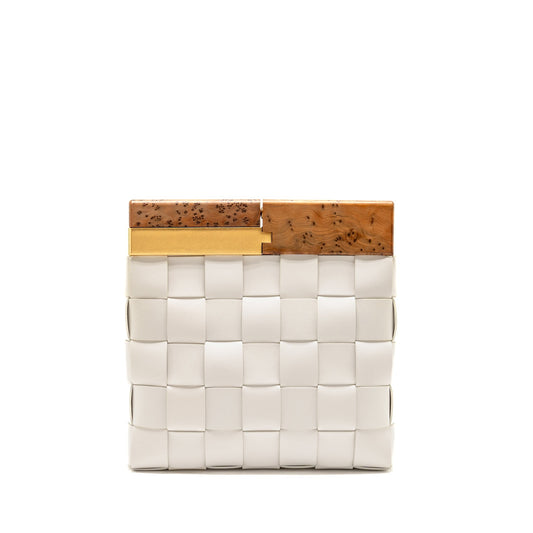 Bottega Veneta Cream Snap Clutch Purse Calfskin/Wood White Multicolour Hardware