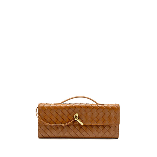 Bottega Veneta Andiamo Clutch Purse Lambskin Brown