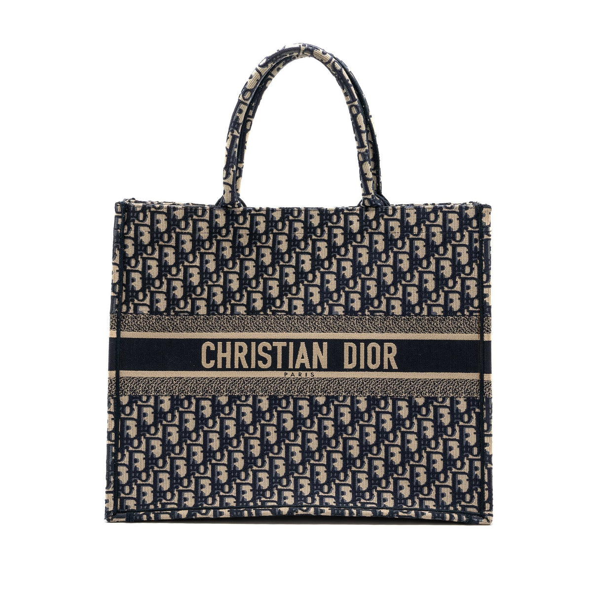large book tote ecru and blue Dior oblique embroidery Rovelle Bags