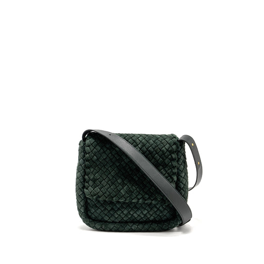 Bottega Veneta Cobble Messenger Purse Intrecciato-Woven Padded Suede Dark Green