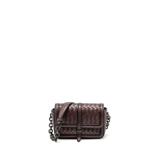 Bottega Veneta Mini Intrecciato Flap Purse Leather Dark Brown with Black Hardware