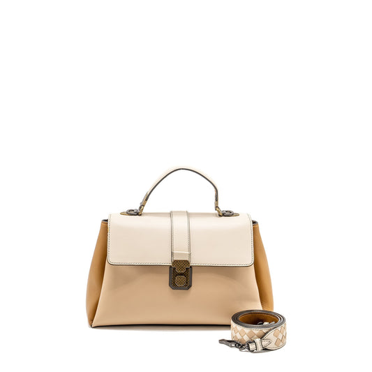 Bottega Veneta Top Handle Piazza Purse Nappa White/Beige/Light Brown Multicolour Hardware